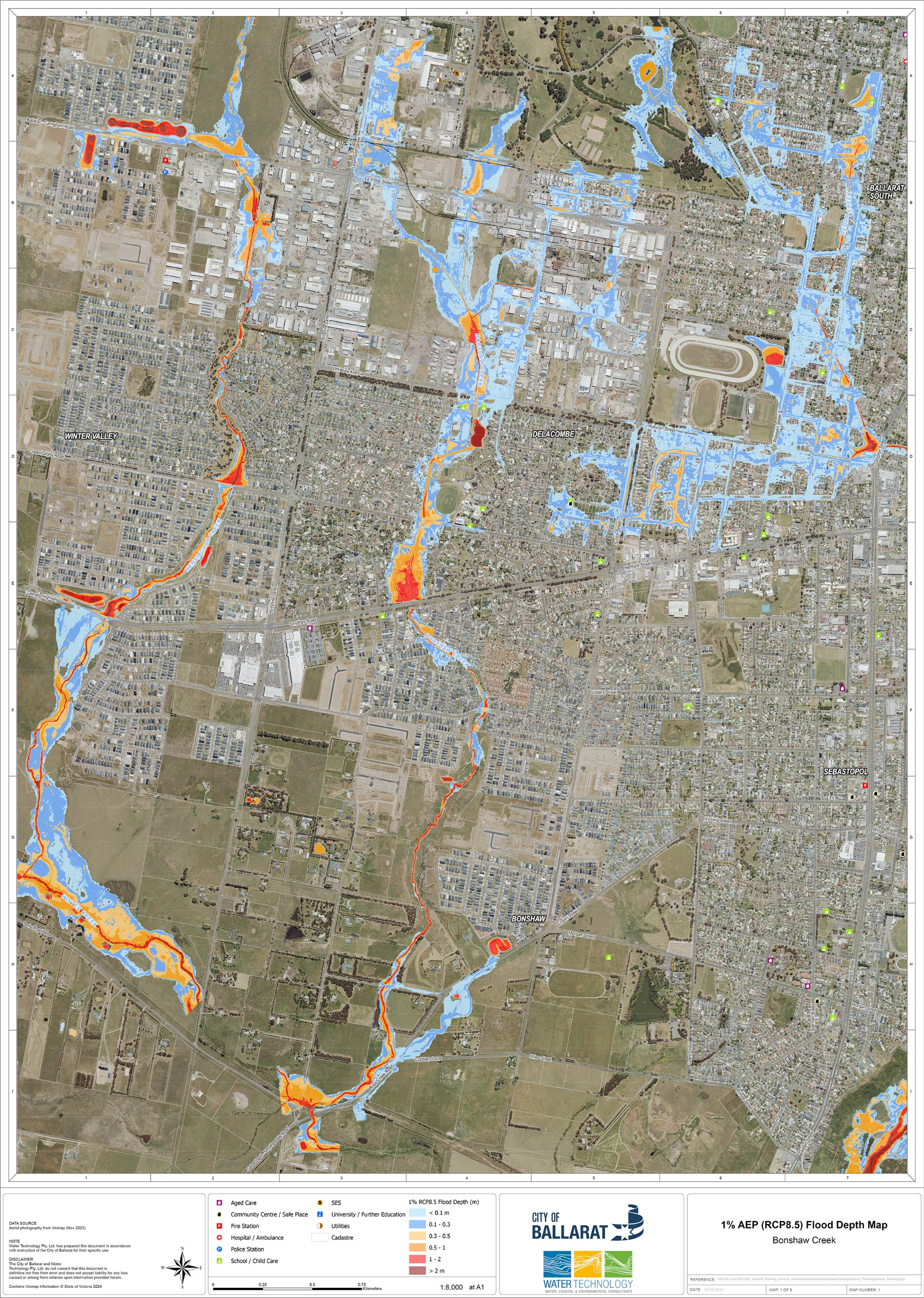 Flood depth modelling for 1% AEP flood event