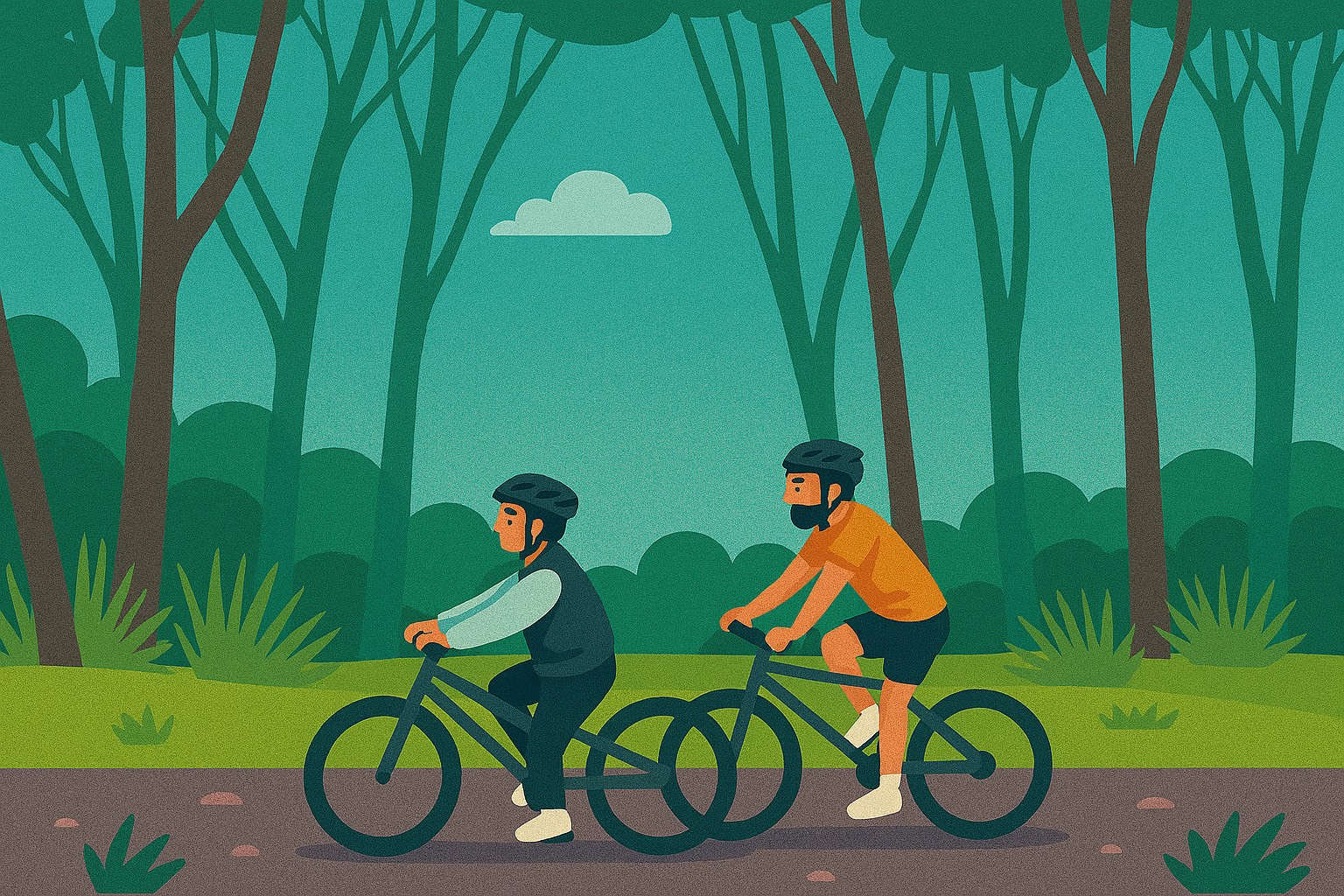 Illustration of two people cycling through a forest trail 