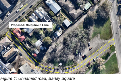Aerial map of Barkly Square showing the location of the unnmaed lane proposed to be named Colquhoun Lane, highlighted.