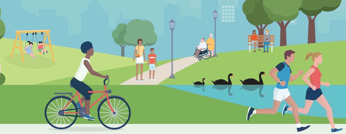 Illustrated park scene showing community members enjoying a public open space, including people cycling, jogging, walking, using a wheelchair, sitting on benches, and children playing on swings beside a lake with swans and trees. 