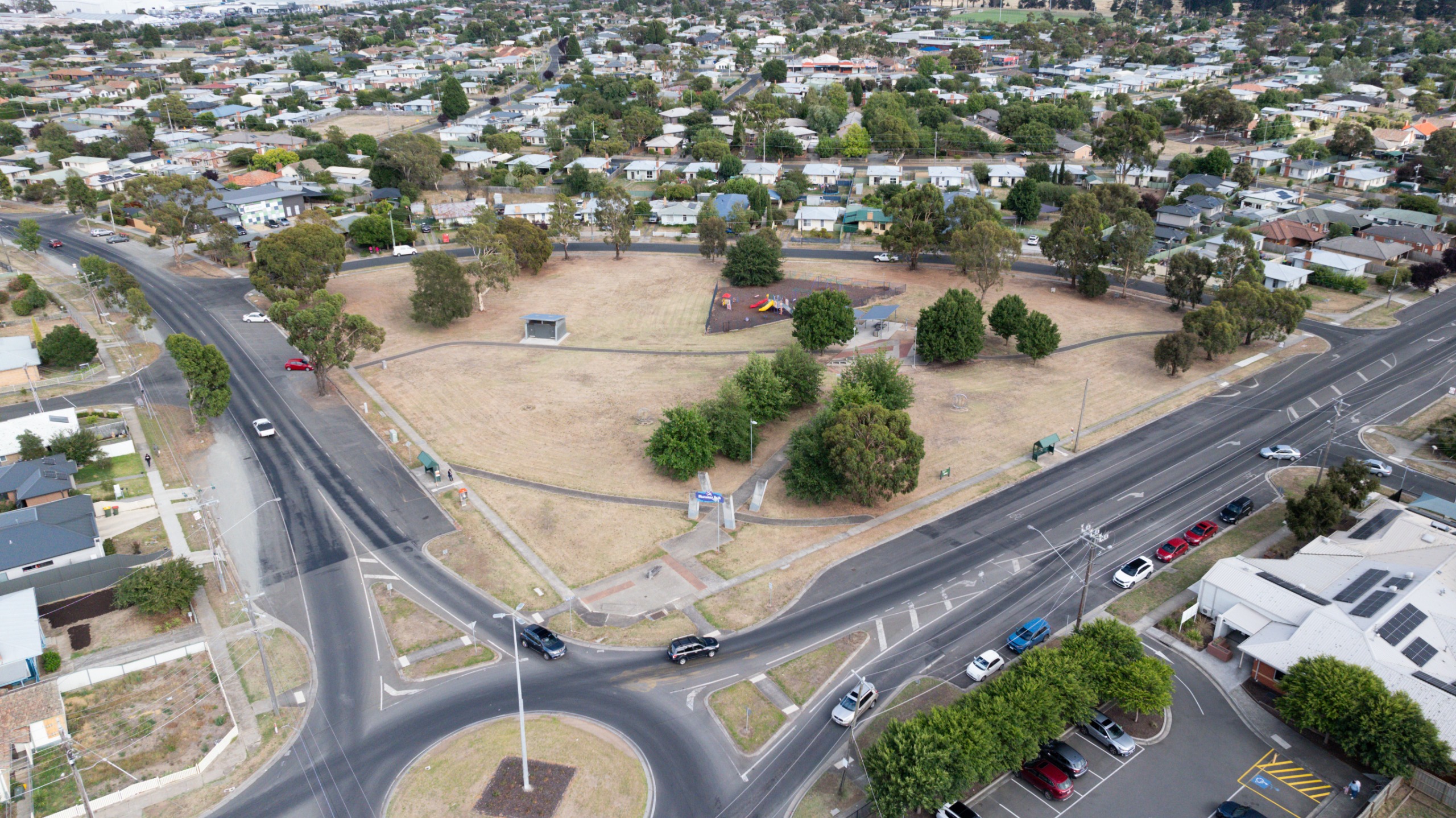 Aerial view of Weeramar Park, located at the corner of Gillies Street and Norman Street in Wendouree.