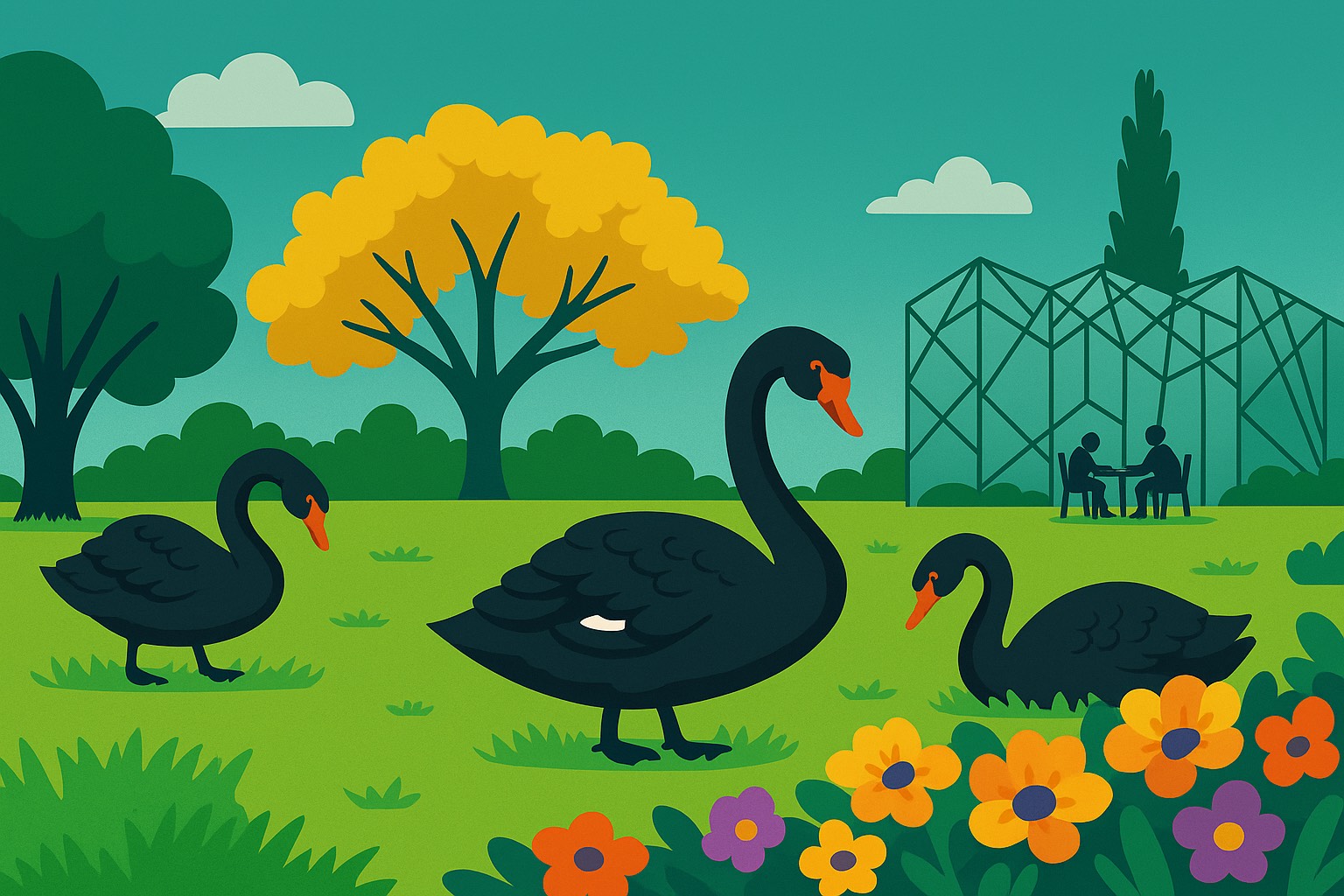 Illustration of a black swan in a landscaped garden with trees at the Ballarat Botanical Gardens