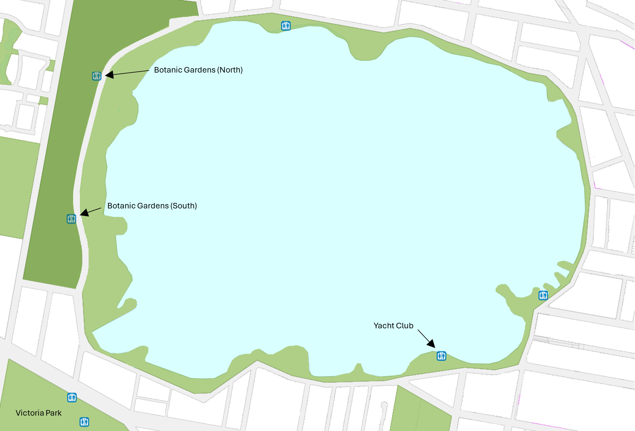 Map of Lake Wendouree showing existing public toilets with names labelled.