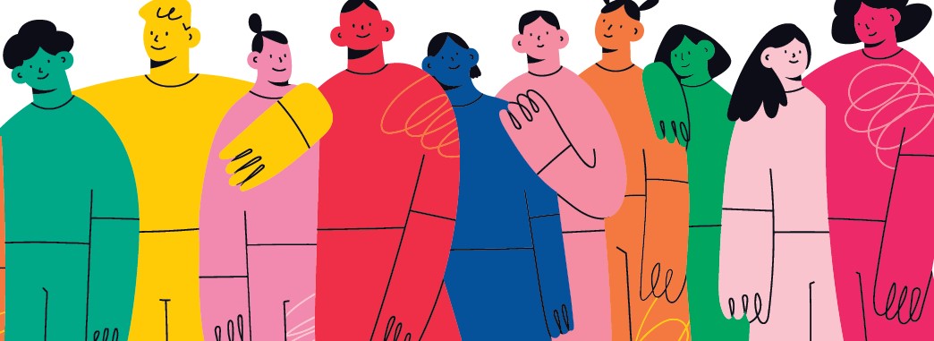 Illustration of a diverse group of people standing together, representing the Ballarat community sharing views on gambling harm.