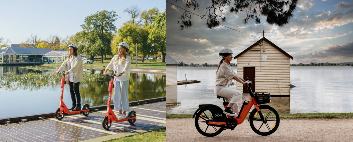 People using shared e-scooters and a shared e-bike on a lakeside path at Lake Wendoure.