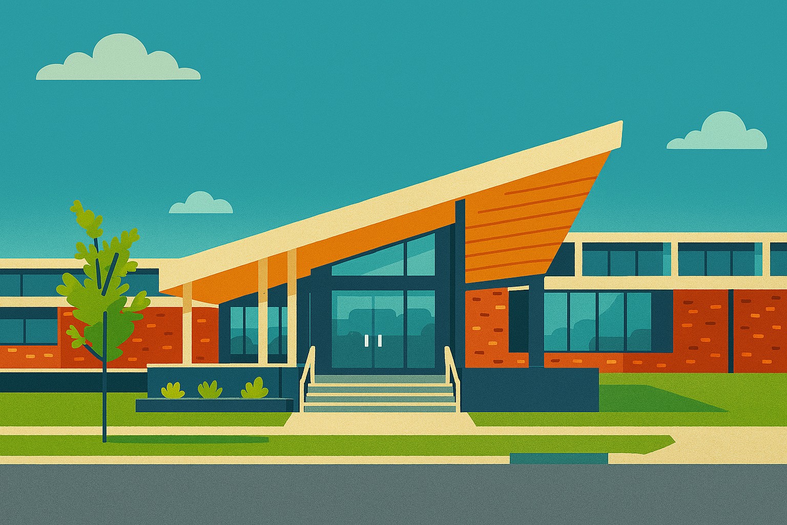 Illustration of a modern community centre (Djila-tjarriu Community Hub) with landscaped surroundin