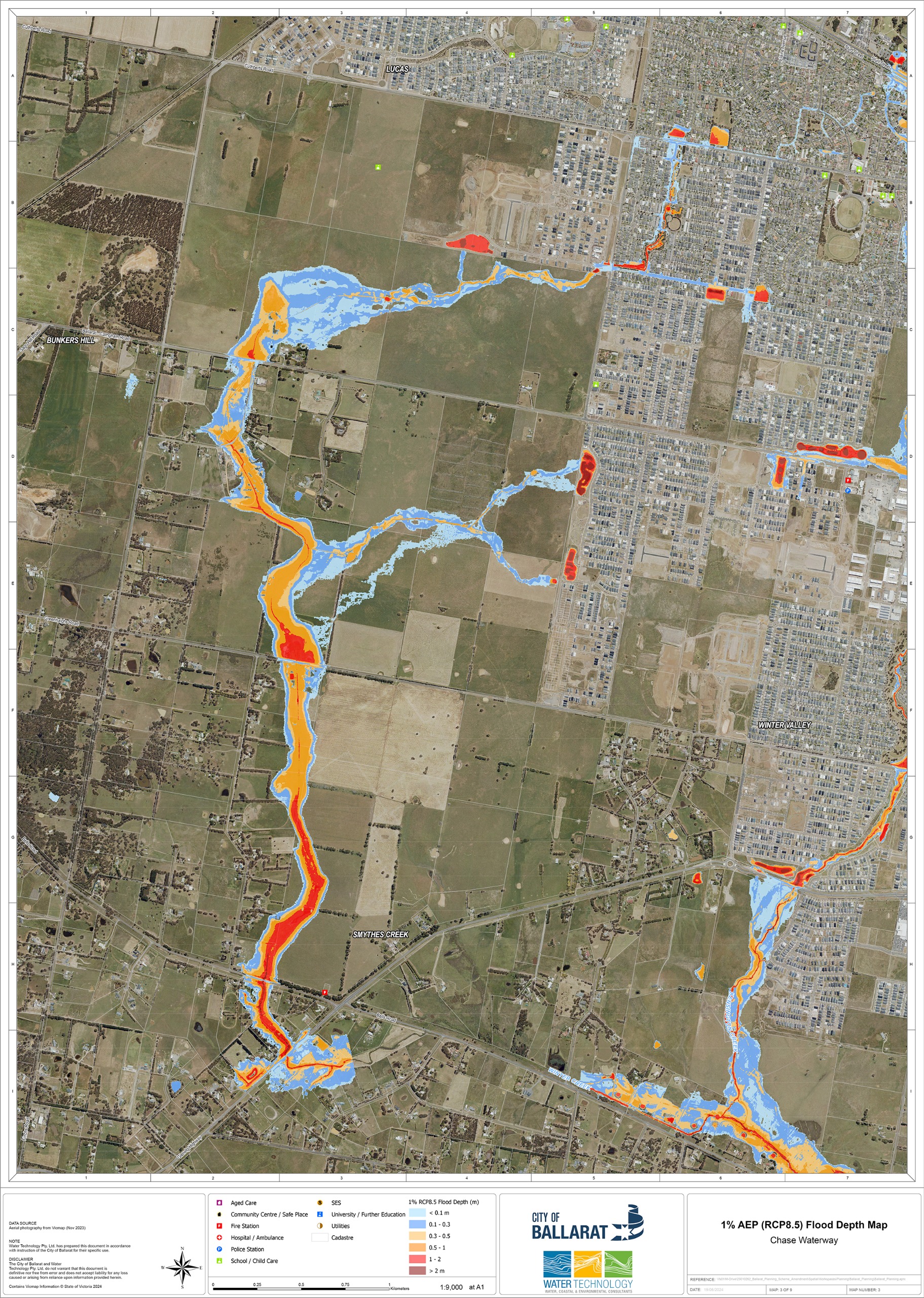 Flood depth modelling for Chase Waterway in a 1% AEP flood event