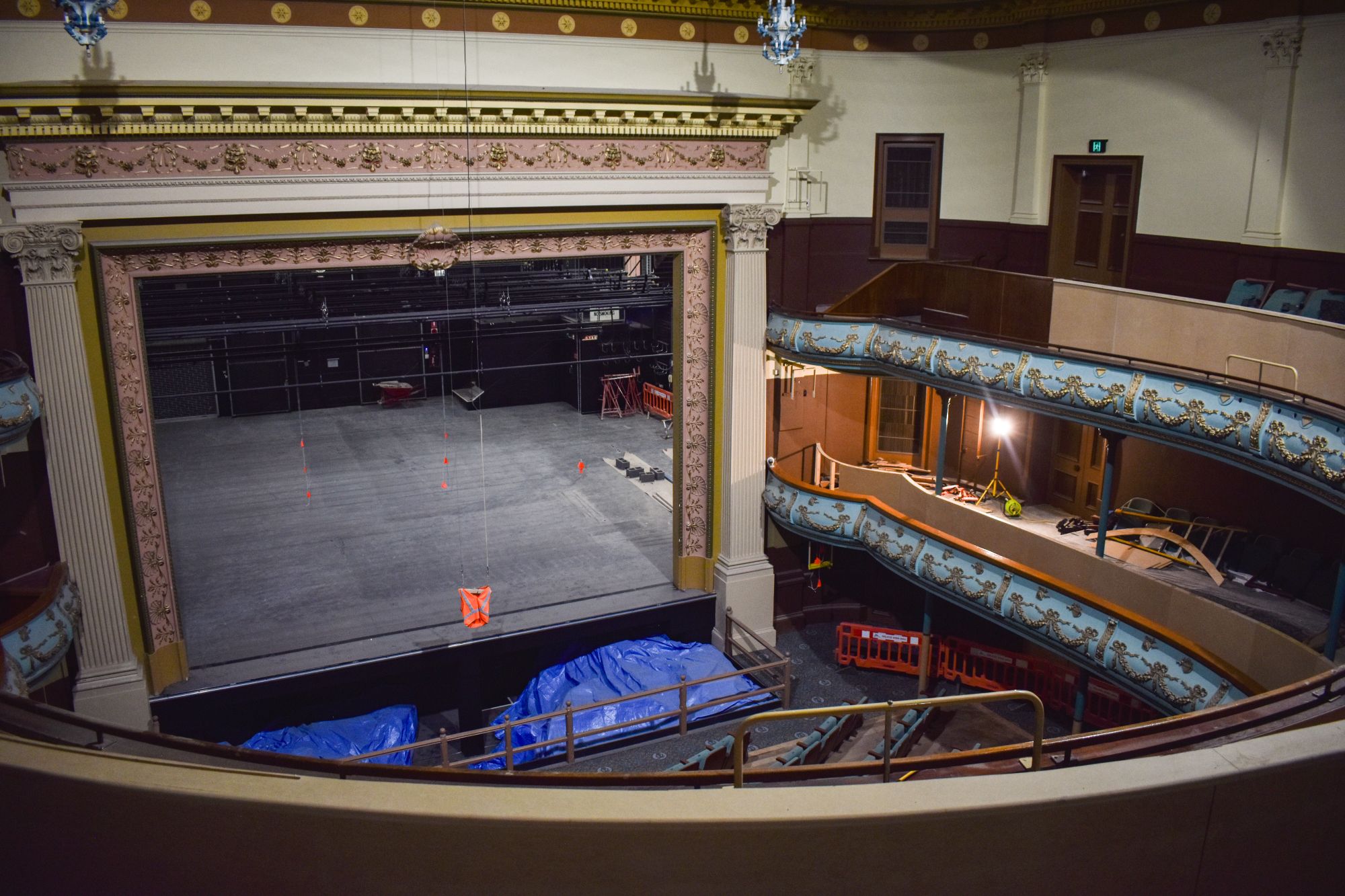  Interior view of Her Majesty’s Theatre in Ballarat in November 2023 during redevelopment works, showing the stage and seating under restoration.