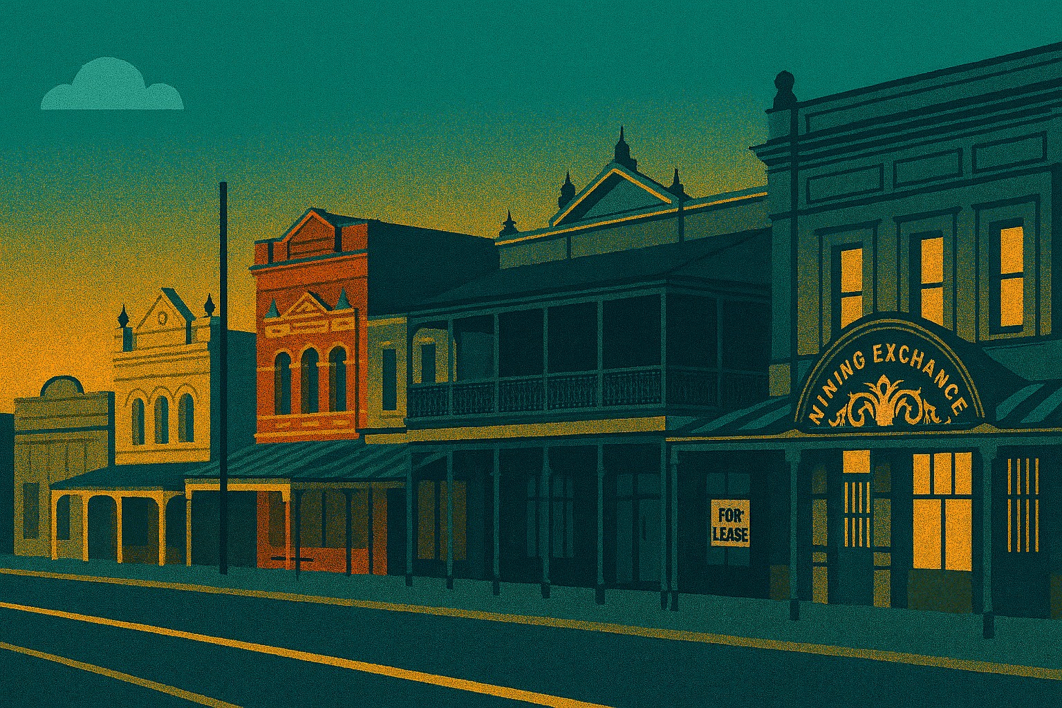 Illustration of Lydiard Street heritage buildings at dusk 