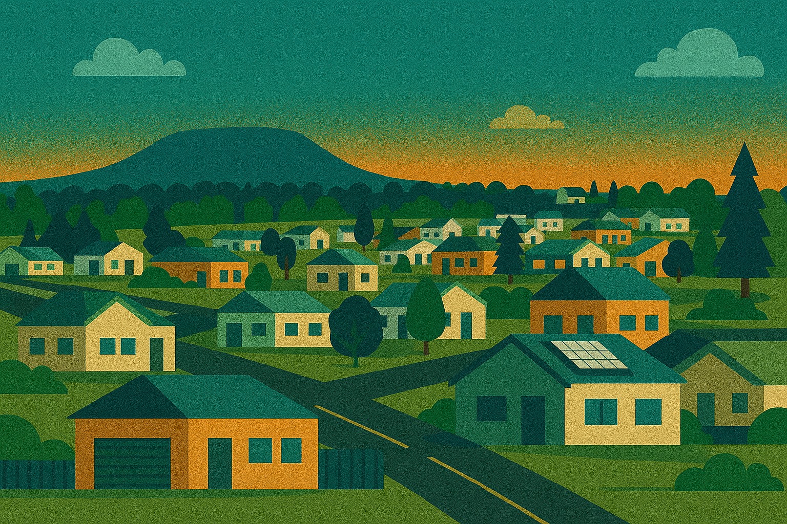 : Illustration of a suburban neighbourhood with new housing