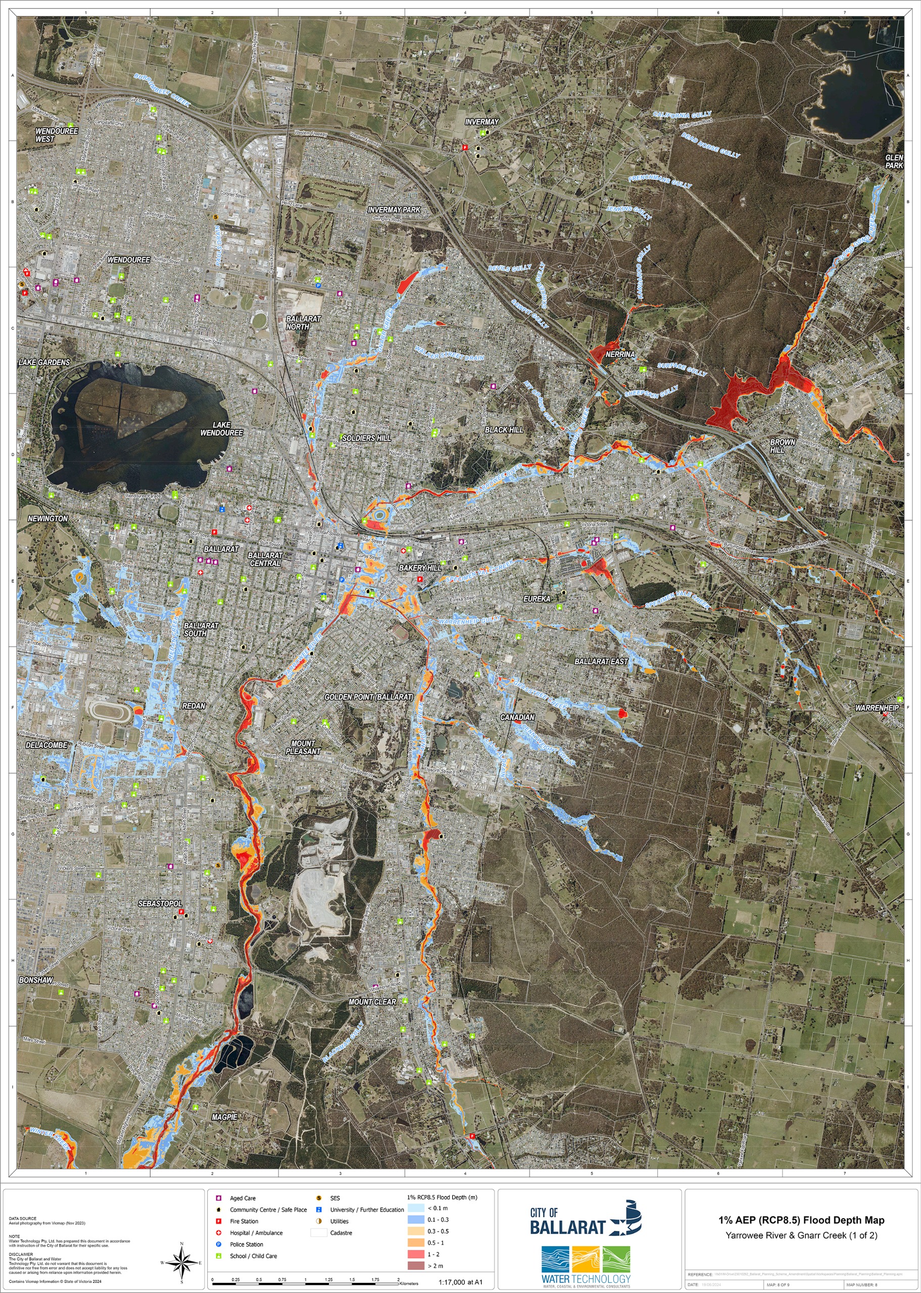 Flood depth modelling for Yarrowee River and Gnarr Creek in a 1% AEP flood event