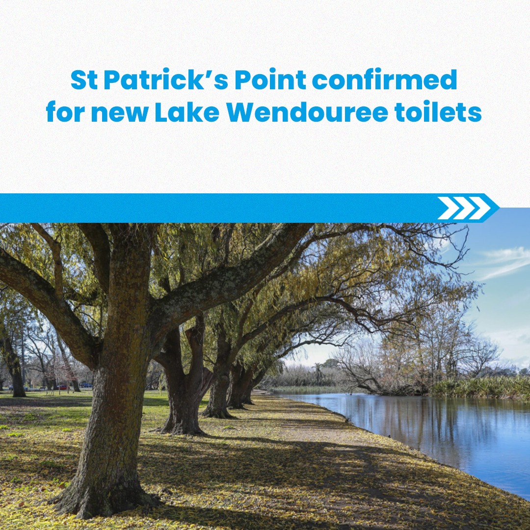 St Patrick's Point confirmed as the location for new Lake Wendouree public toilets, shown with a tree-lined lakeside path and water in the background.