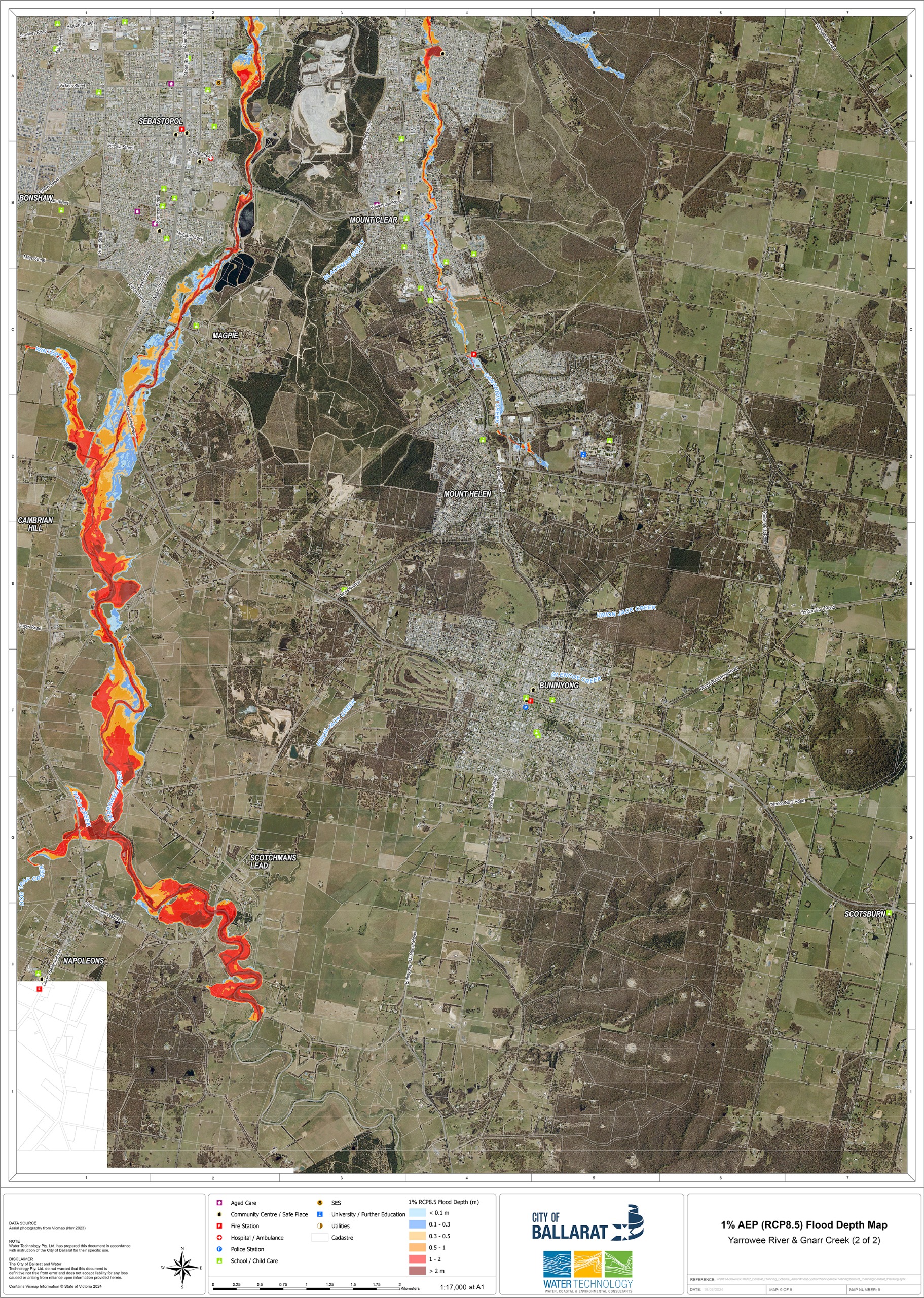 Flood depth modelling for Yarrowee River and Gnarr Creek in a 1% AEP flood event