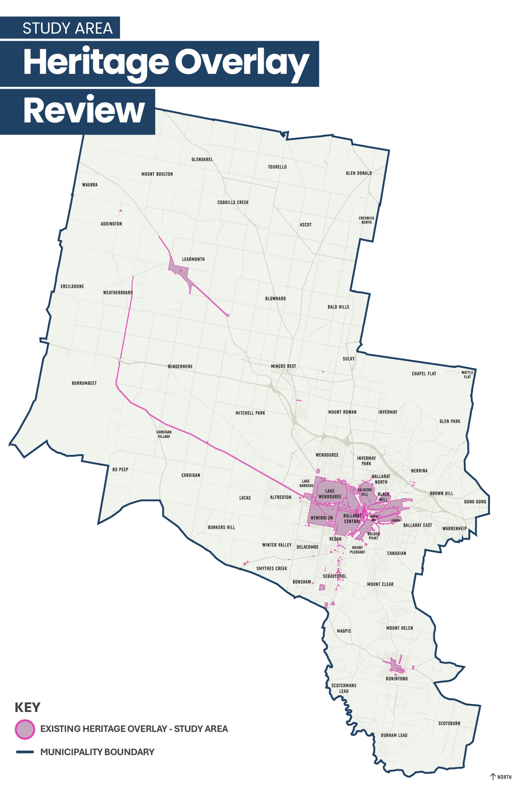A map showing the heritage overlay as the study area