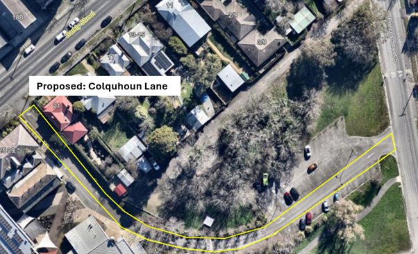 Aerial map showing the curved unnamed lane beside the Barkly Square precinct outlined in yellow, with a label reading ‘Proposed: Colquhoun Lane’, surrounded by nearby homes, trees and the car park.