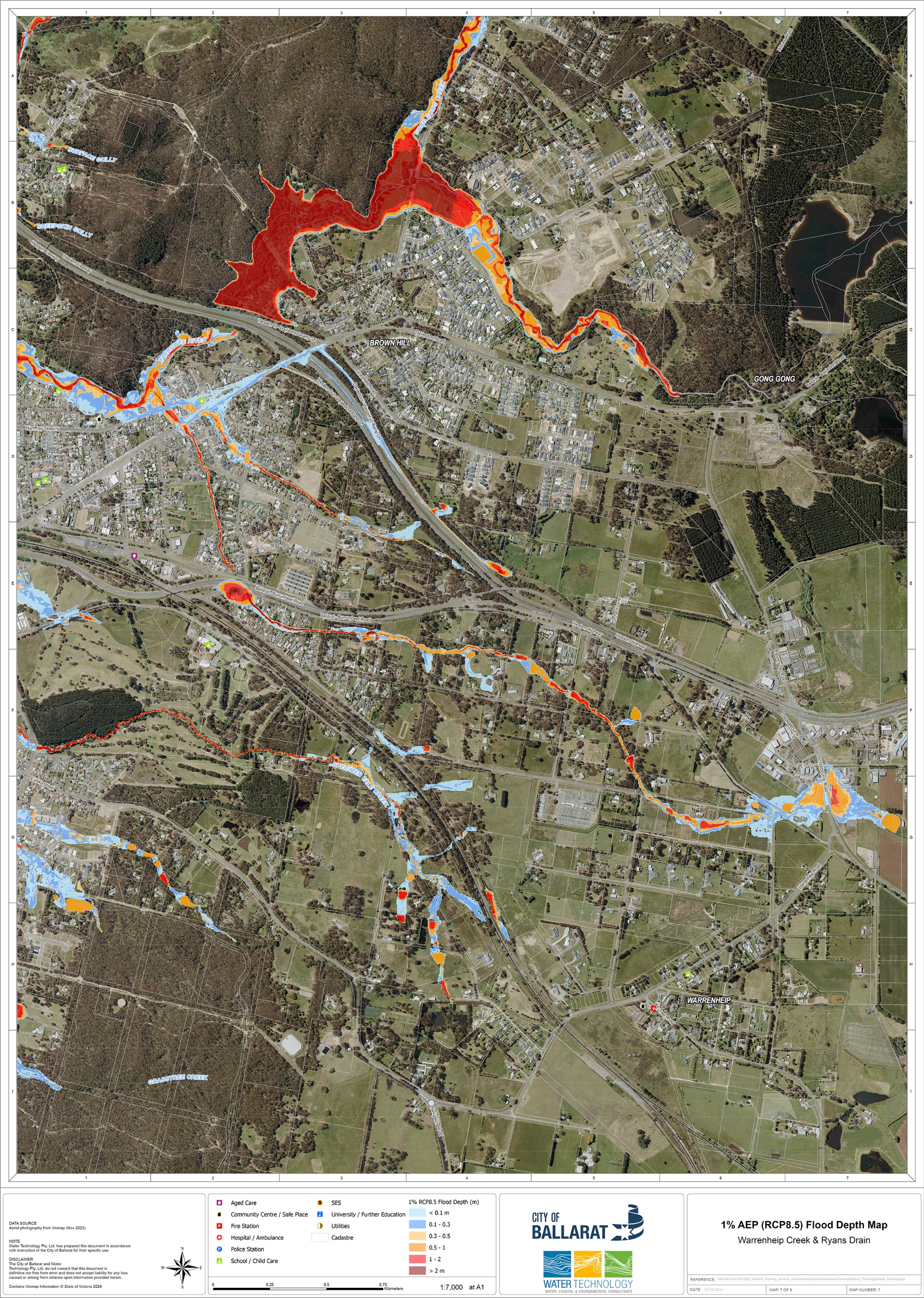 Flood depth modelling for Warrenheip Creek and Ryans Drain in a 1% AEP flood event