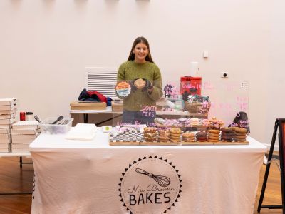  Attendees visiting the Mrs Browne Bakes stall, winner of the Let’s Chat Ballarat 2026 pie competition, at Ballarat Civic Hall. 